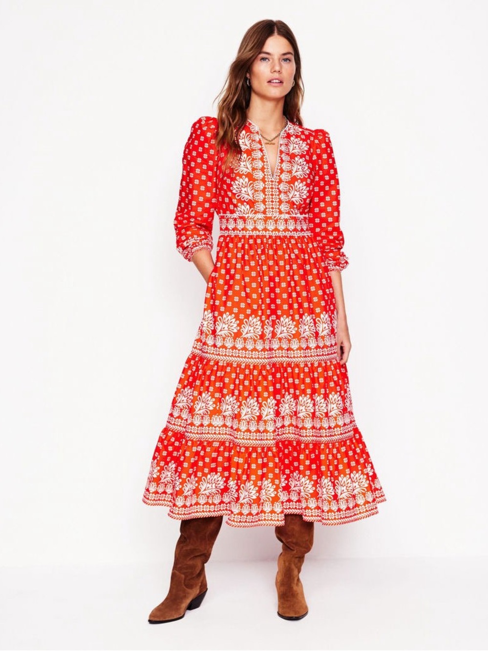 BODEN | Deep Orange Printed Violet Midi Dress, 6P